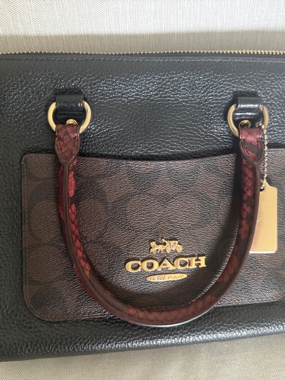 COACH Mini Emma Satchel Black Pebbled Leather Mixed with Signature Canvas